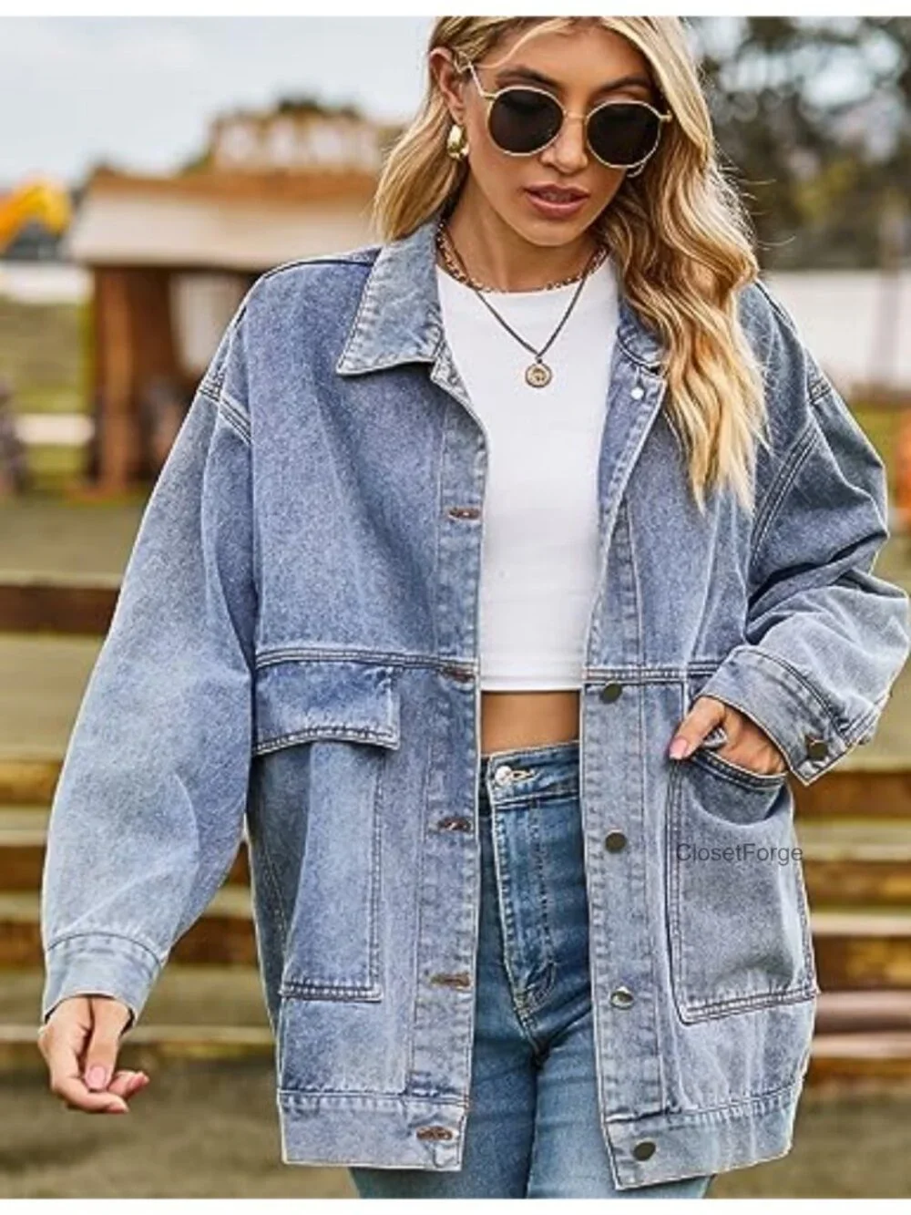 Vintage Distressed Oversized Denim Jacket Shacket Button Down Flap Pockets